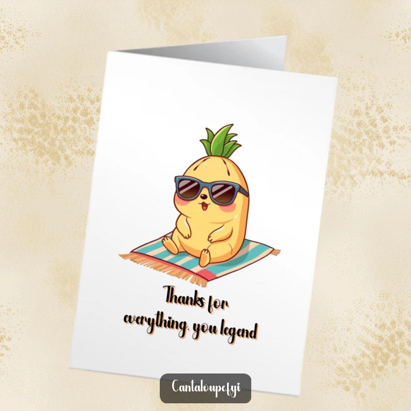Funny Free Printable Thank You Card: Cantaloupe in sunglasses on a beach towel, offering cool and relaxed thanks.