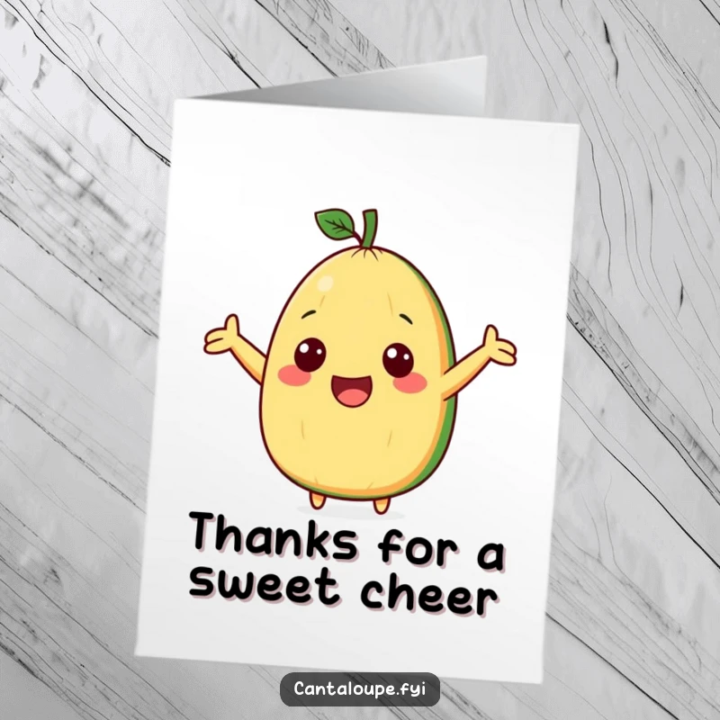 Funny Free Printable Thank You Card with a cute cantaloupe wedge character cheering with arms outstretched.