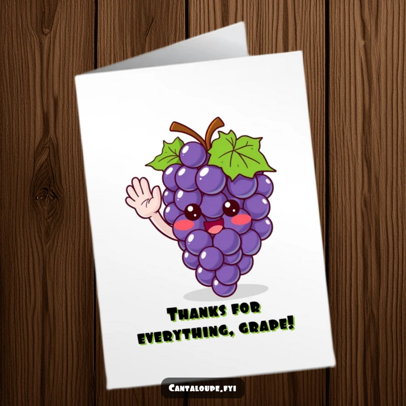 Funny Free Printable Thank You Card: Cute grape bunch character giving a friendly wave, expressing thanks.