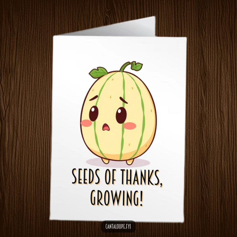 Funny Free Printable Thank You Card: A shocked cantaloupe character whose seeds are unexpectedly sprouting.