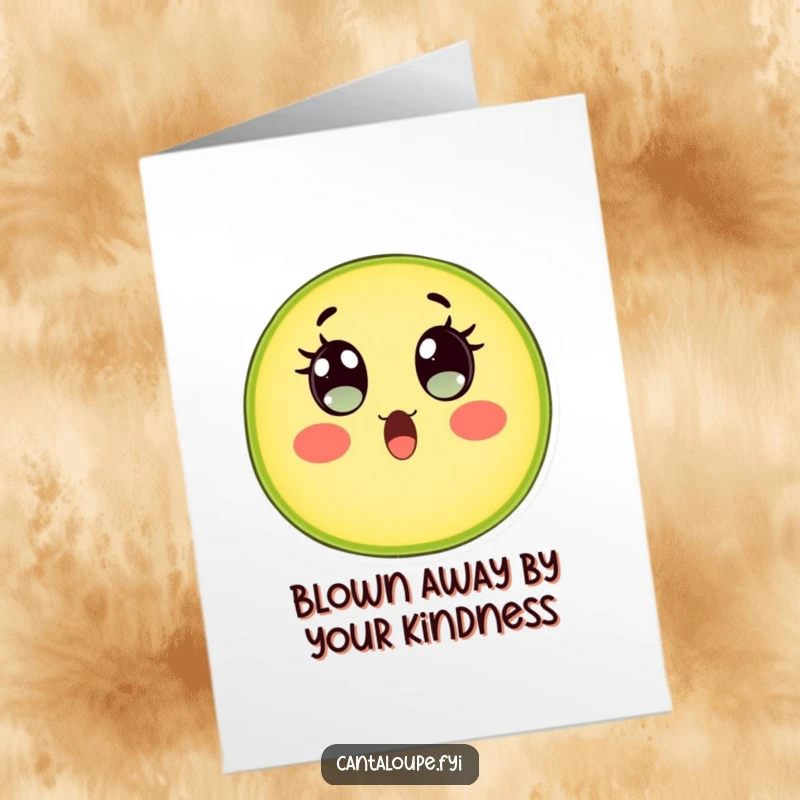 Funny Free Printable Thank You Card: Cantaloupe Slice with Wide, Expressive Watery Eyes Showing Surprise and Gratitude