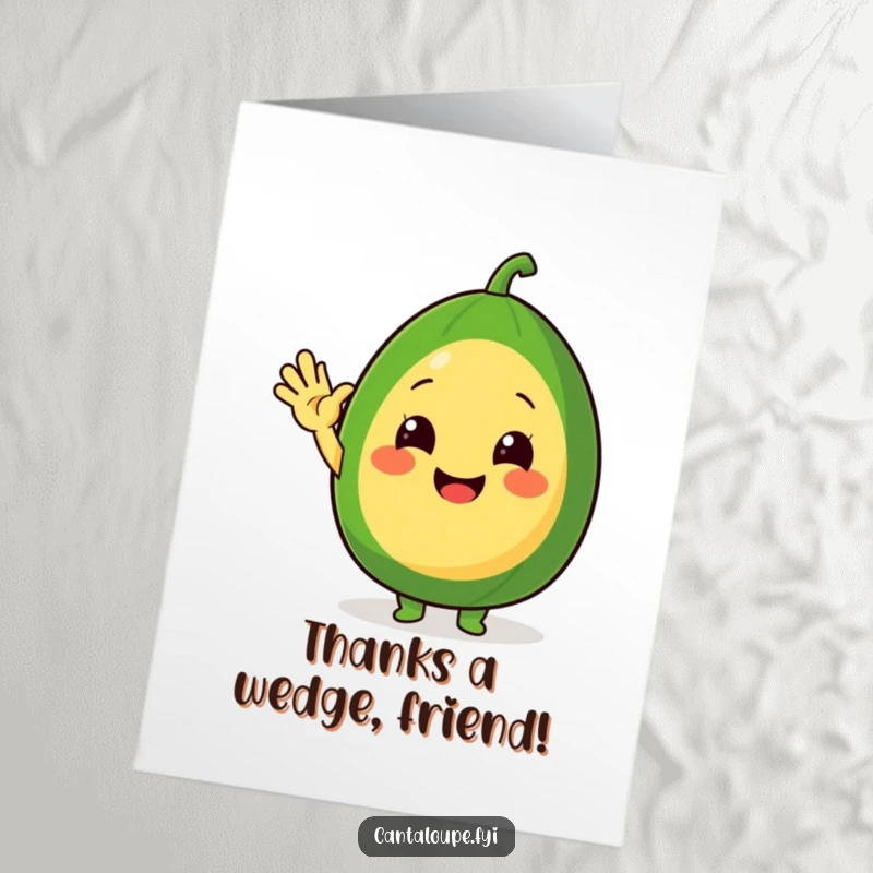 Funny Free Printable Thank You Card: A cantaloupe character offering a polite wave while holding a melon wedge.