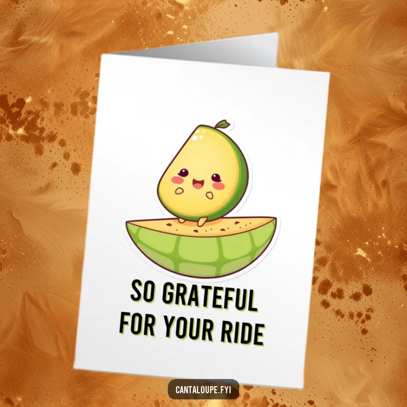 Funny Free Printable Thank You Card: Cantaloupe slice character happily riding a giant melon rind, a joyful thank you.