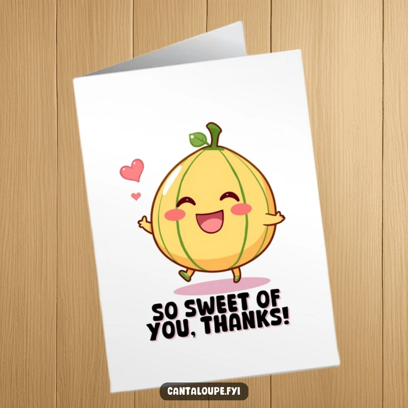 Funny Free Printable Thank You Card: A grinning cantaloupe character bouncing playfully, leaving a sweet scent to express heartfelt thanks.