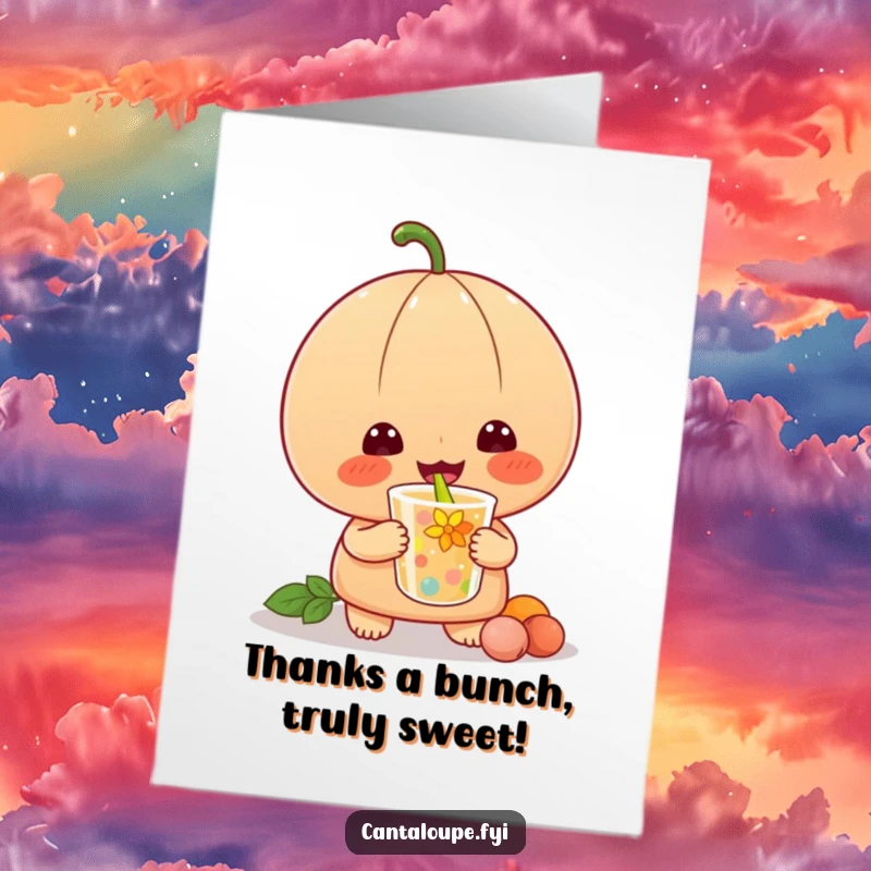 Funny Free Printable Thank You Card depicting a content cantaloupe slurping a bright beverage, ideal for showing appreciation.
