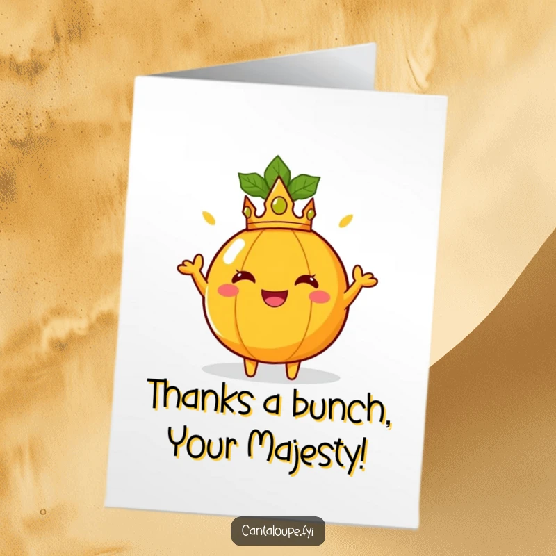 Funny Free Printable Thank You Card: A cantaloupe character wearing a tiny crown, striking a pose to send royal thanks with sunny joy.