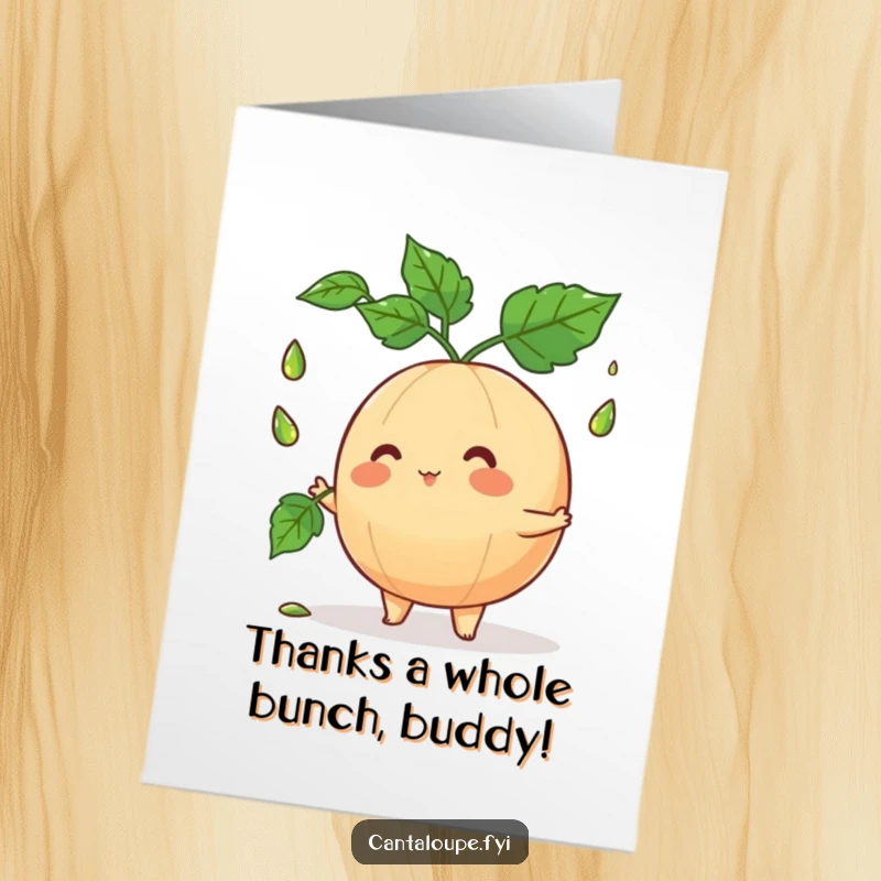 Funny Free Printable Thank You Card: Cantaloupe juggling leaves, a humorous way to show gratitude.
