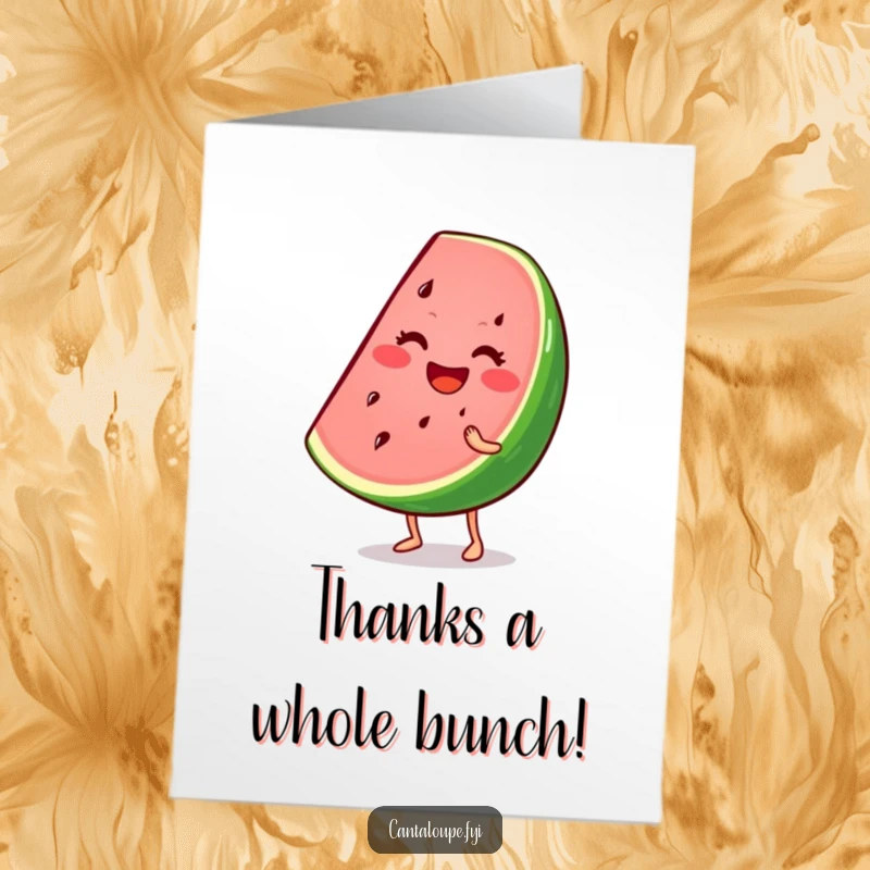 Funny Free Printable Thank You Card: Smiling watermelon wedge character wiggling enthusiastically, expressing thanks.