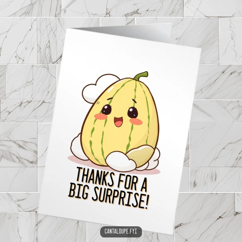 Funny Free Printable Thank You Card: A cantaloupe peeks from a cloud, showing gratitude with humor.