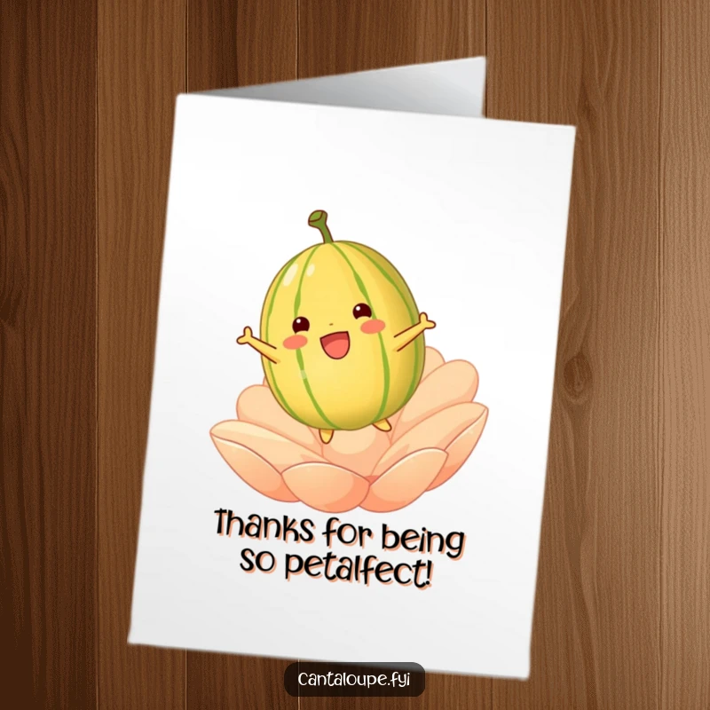 Funny Free Printable Thank You Card: Cantaloupe mid-bounce on a soft petal, radiating happiness and thanks.