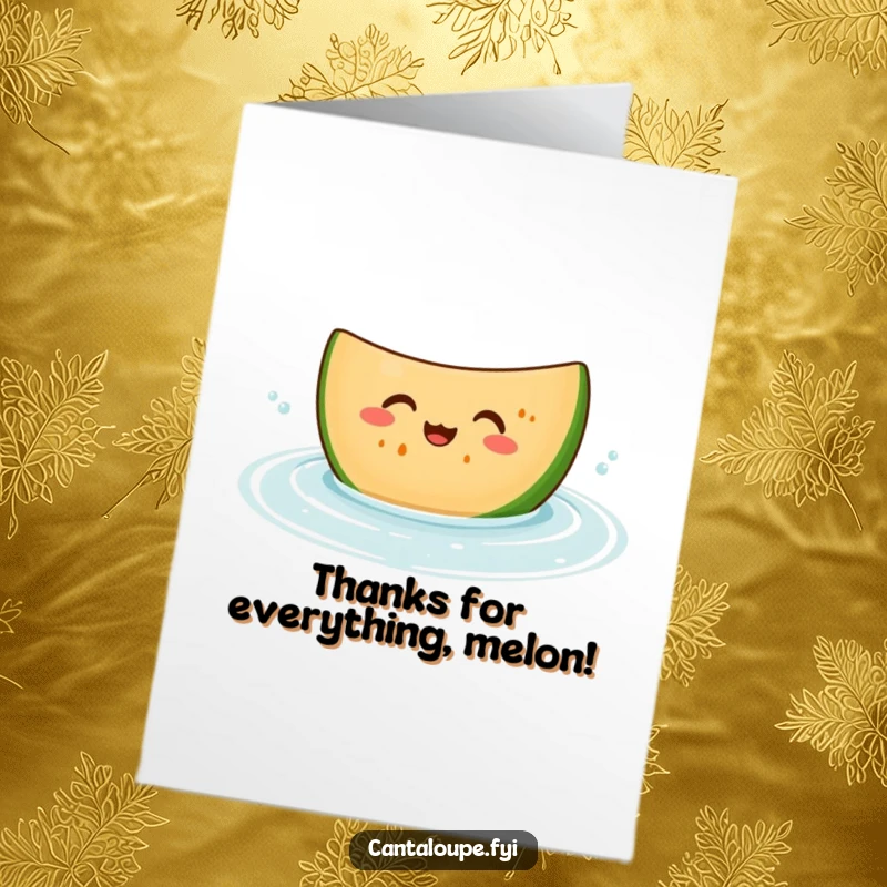 Funny Free Printable Thank You Card: A cantaloupe slice character giggling as it floats in water, a cool and humorous thank you.