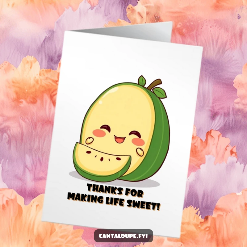 Funny Free Printable Thank You Card depicting a cantaloupe character looking gleeful while being gently sliced.