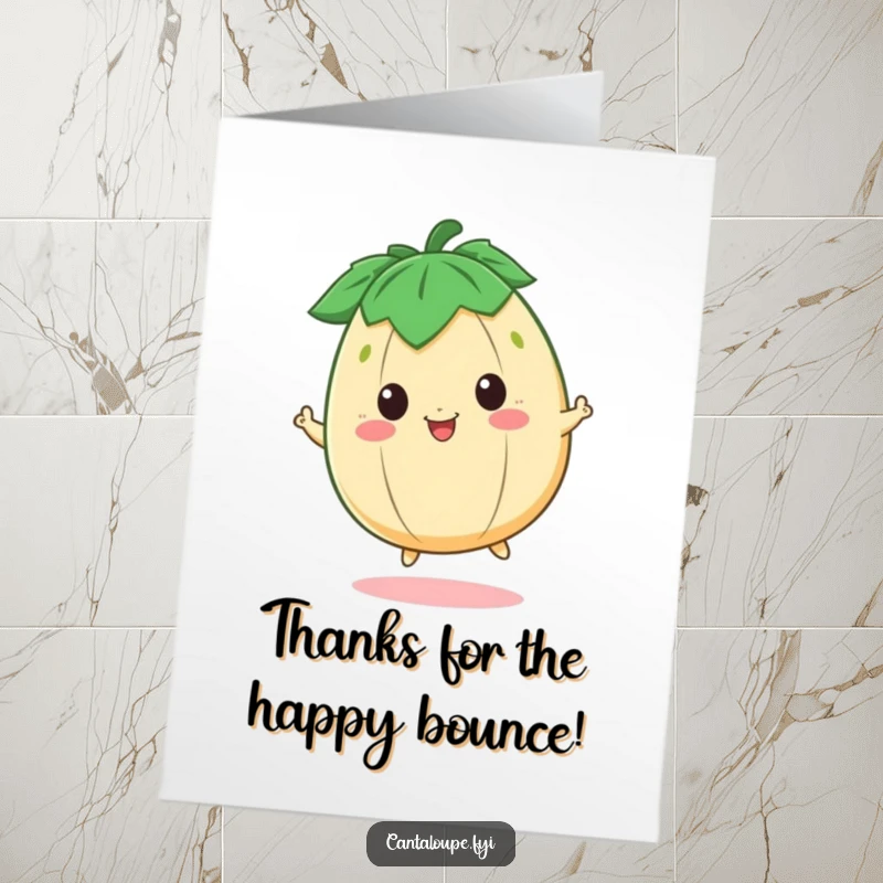 Funny Free Printable Thank You Card: A cheerful cantaloupe character happily bouncing, a downloadable DIY gift for a memorable and fruity way to say thanks.
