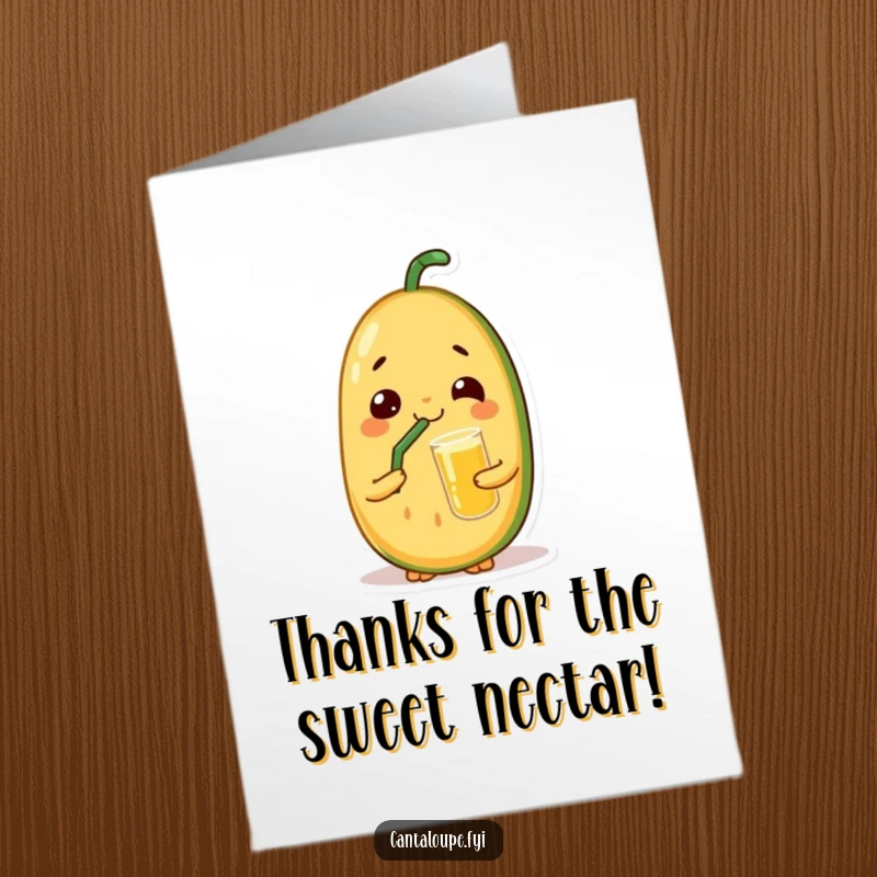 Funny Free Printable Thank You Card: a cantaloupe beams with satisfaction while sipping juice, offering a calm and happy thank you.