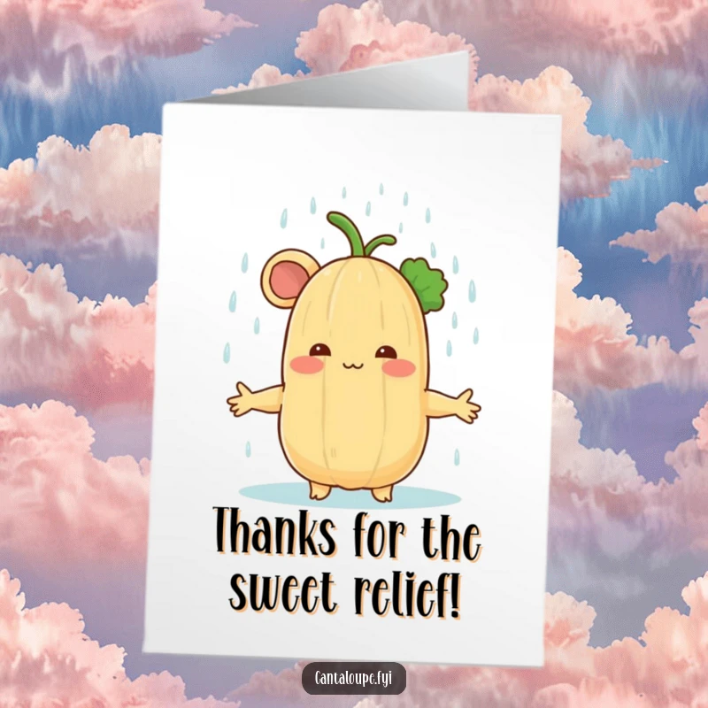 Funny Free Printable Thank You Card: Cantaloupe joyfully open to a gentle rain shower, conveying thanks.