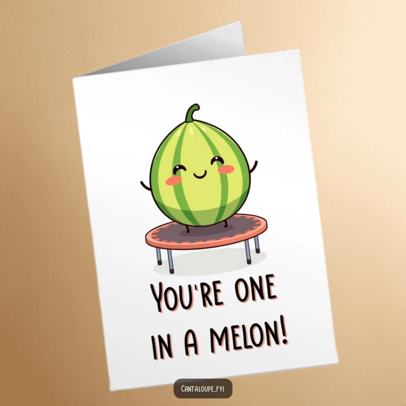 Funny Free Printable Thank You Card: Smiling cantaloupe segment bouncing on a trampoline, expressing thanks in a fun way.