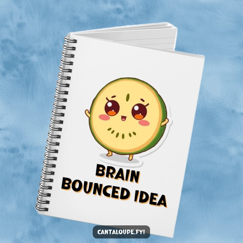Funny notebook with a cantaloupe slice character in a surprised bounce, eyes wide, ideal for journaling.