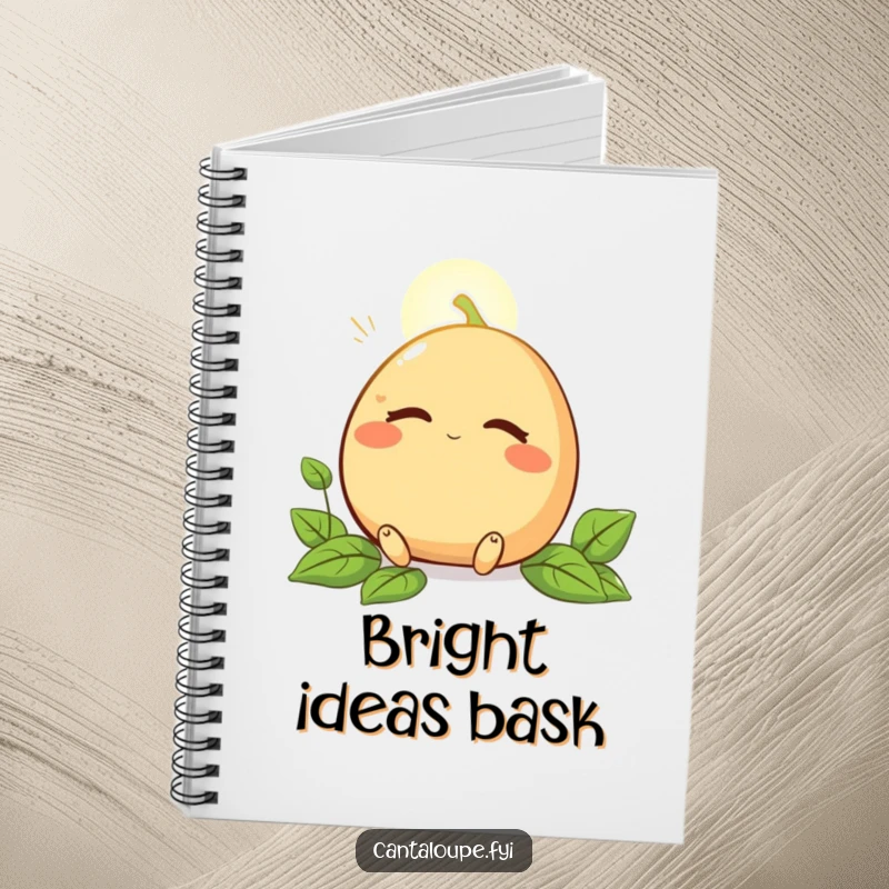 Funny notebook cover with a cantaloupe character peacefully enjoying a sunbeam, ideal for jotting down peaceful thoughts.