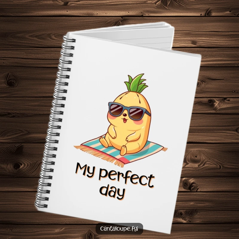 Funny cantaloupe character with sunglasses relaxing on a beach towel, a humorous notebook for capturing thoughts.