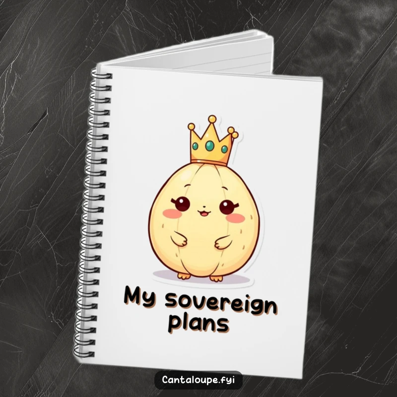 Funny cantaloupe character wearing a crown on a notebook cover, inspiring regal thoughts and organized planning.