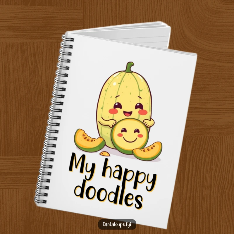Funny notebook cover featuring a cantaloupe character enthusiastically carving a smiley face into a smaller melon, ready for your creative ideas.