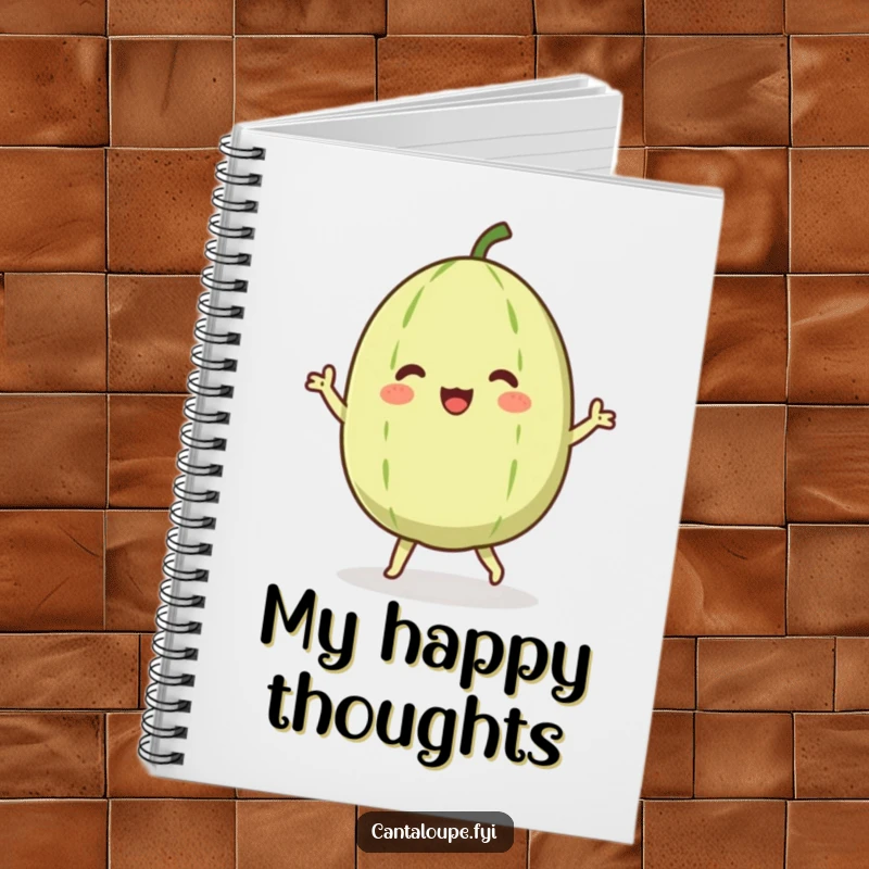 Funny notebook cover design with a cantaloupe character excitedly dancing, its body swaying with pure, uninhibited, happy energy.