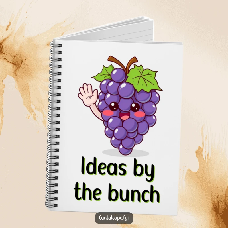 Funny notebook with a cute grape bunch character giving a friendly wave, perfect for jotting down ideas with fruity fun.