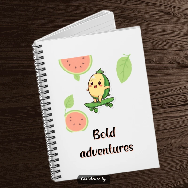 Funny notebook featuring a cantaloupe character riding a giant watermelon like a skateboard, perfect for brainstorming radical ideas and plans.