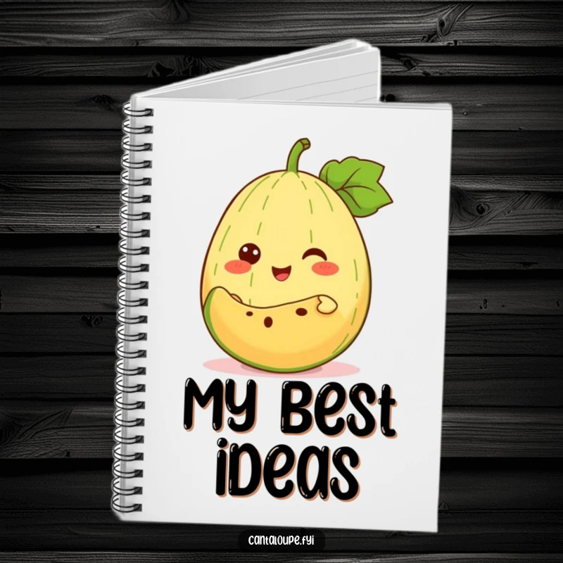 Funny Notebook: An anthropomorphic cantaloupe cheerfully offers a slice of itself, inspiring delicious recipes and culinary notes.