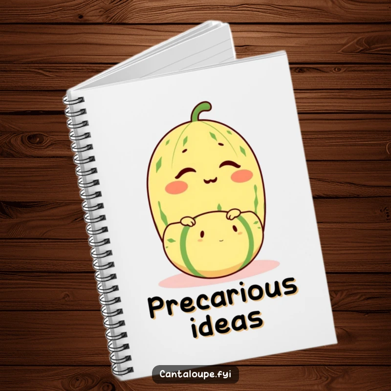 Funny cantaloupe character winking while balancing a smaller melon, a humorous notebook for capturing creative ideas.