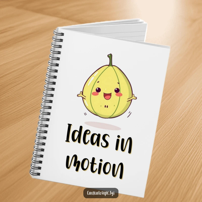 Funny Cantaloupe Slice Notebook: A vibrant cover featuring a cantaloupe slice character in a joyful spin, perfect for note-taking and creativity.