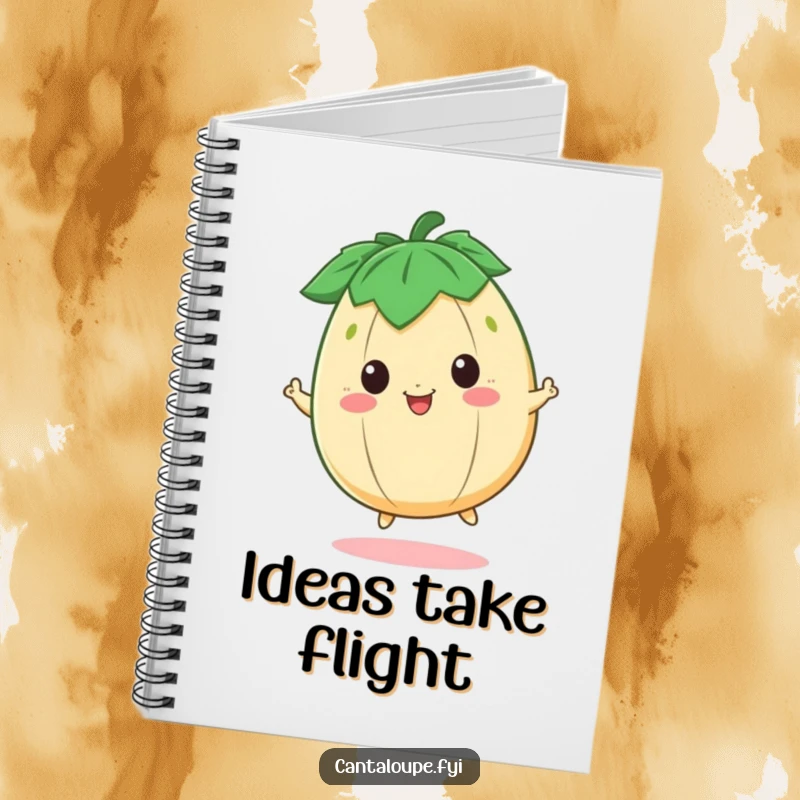 Funny Notebook with a happy cantaloupe character bouncing, perfect for jotting down creative and cheerful ideas.