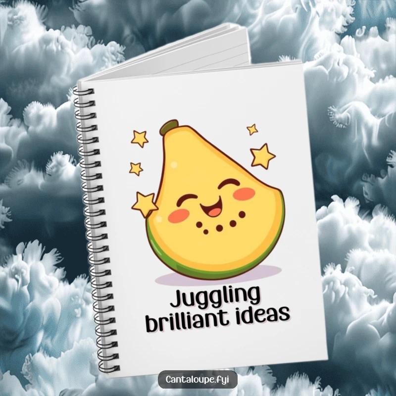 Funny Notebook cover illustration of a cheerful cantaloupe slice juggling two small stars, prompting creative thinking.