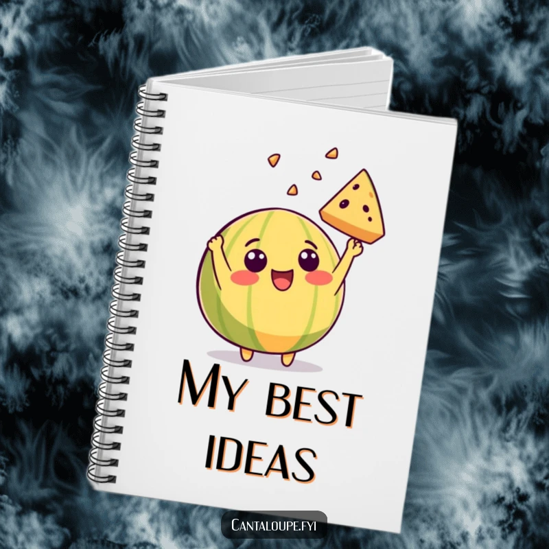 Funny notebook cover featuring a cantaloupe character beaming as it excitedly throws a piece of itself into the air.
