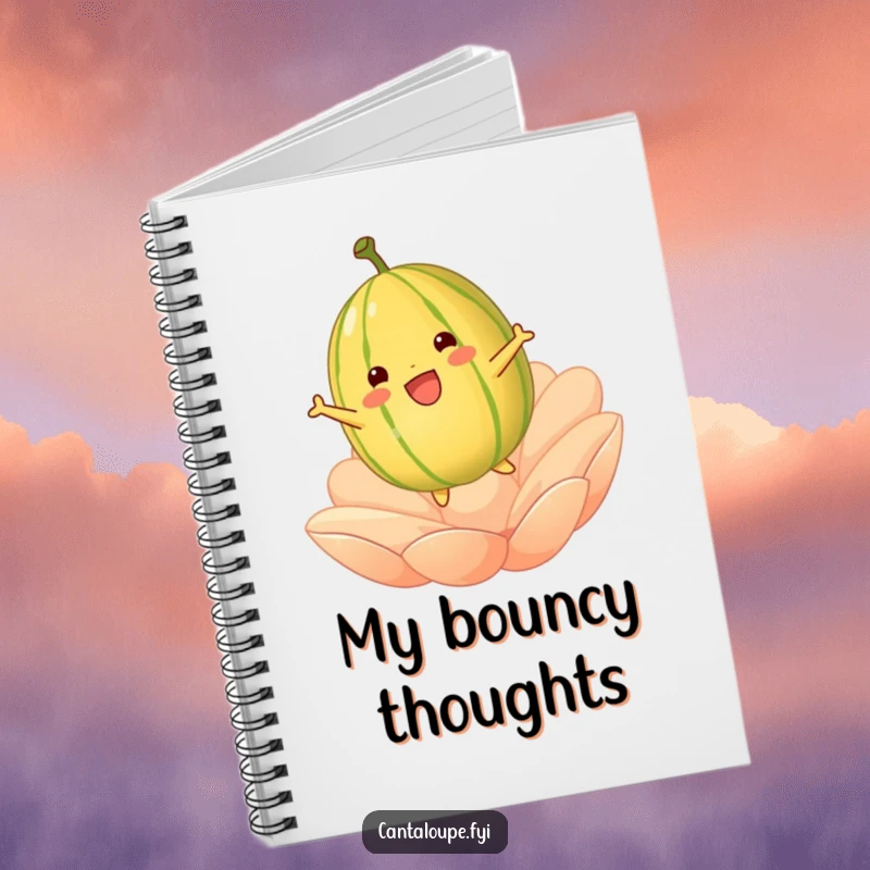 Funny cantaloupe character bouncing on a soft petal on a notebook cover, inspiring playful thoughts and creative writing.
