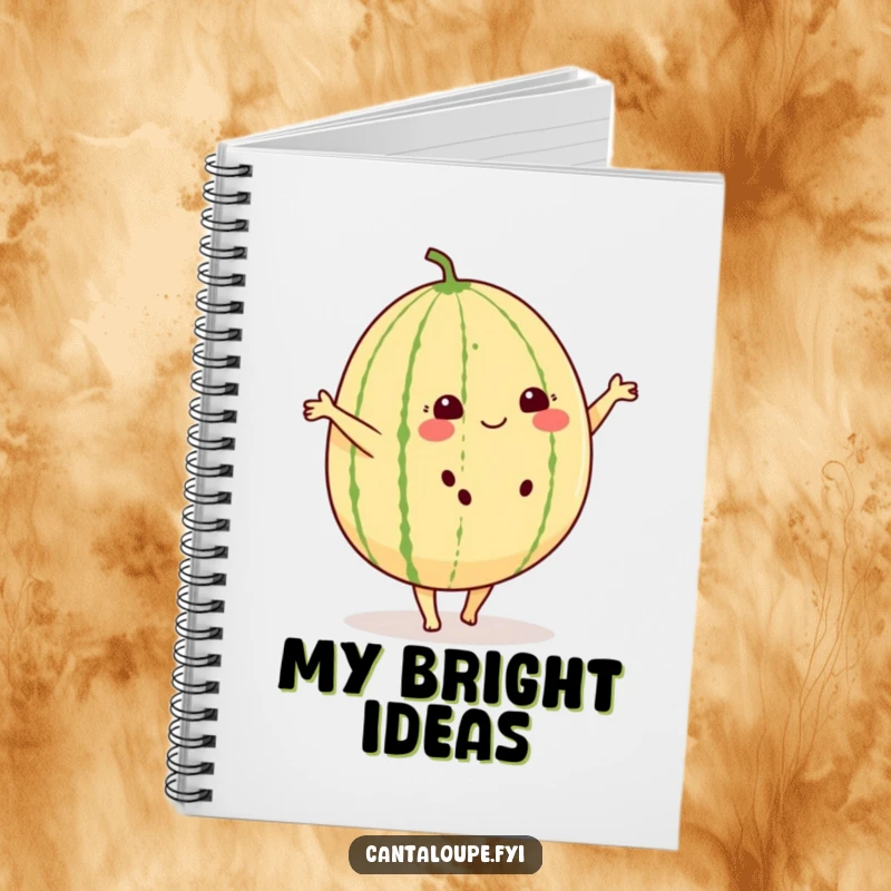 Funny notebook cover with a cheerful cantaloupe character with small feet, doing a cartwheel with delight.