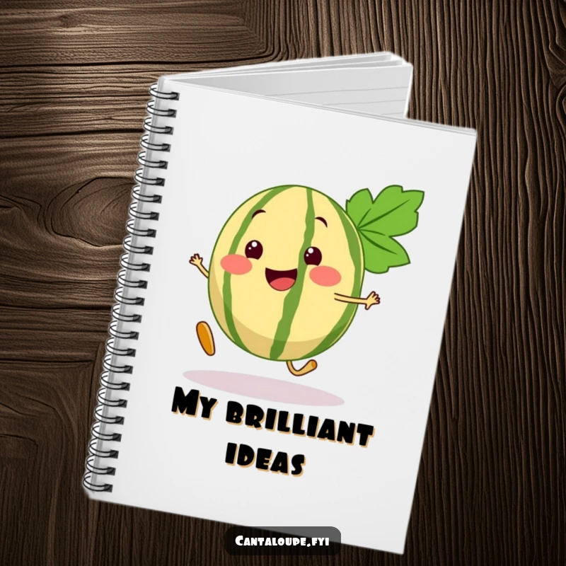 Funny Cantaloupe Notebook with a happy cantaloupe segment character taking a bouncy step, perfect for jotting down notes.