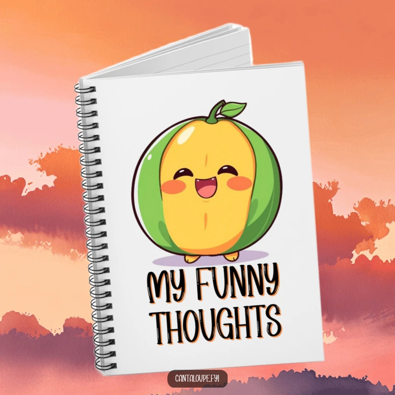 Funny cantaloupe half notebook, captured in a big, juicy laugh, perfect for jotting notes with a dose of humor.