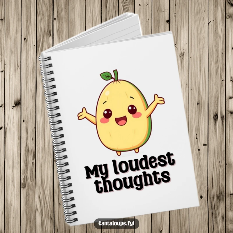 Funny notebook with a cute cantaloupe wedge character with arms outstretched, cheering loudly, ideal for notes.