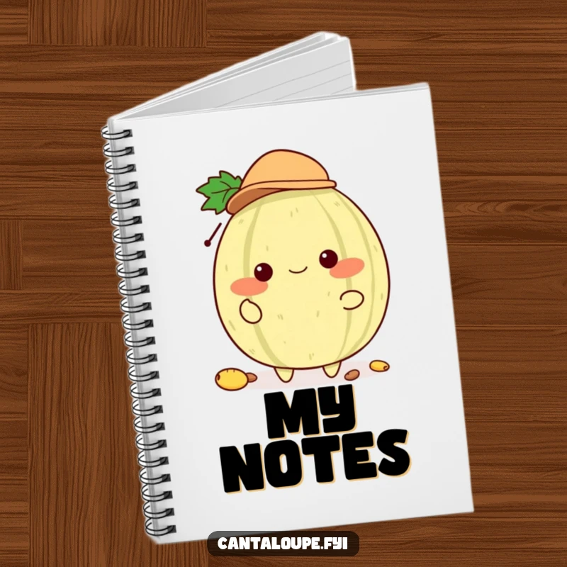 Funny Cantaloupe Juggler Notebook: A notebook cover showing a cantaloupe character in a tiny hat, juggling seeds, ideal for note-taking and creative journaling.