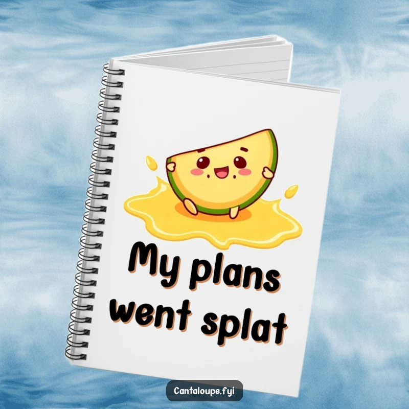 Funny notebook with a cantaloupe slice character comically slipping on a cantaloupe juice puddle, ideal for journaling.