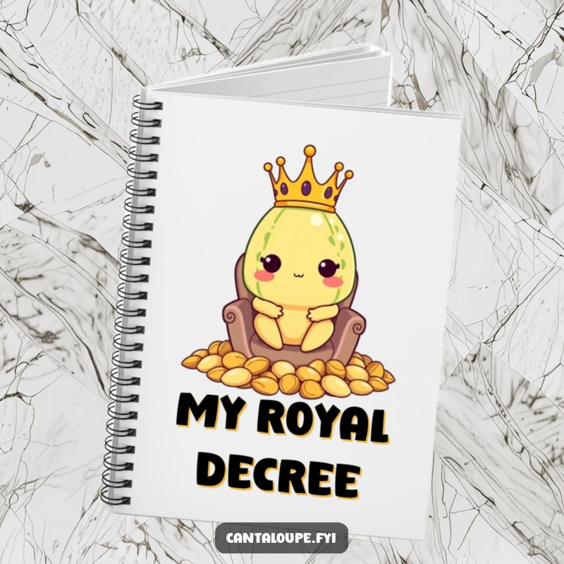 Funny notebook featuring a cantaloupe character wearing a crown and sitting on a throne made of seeds, ideal for jotting down royal plans.