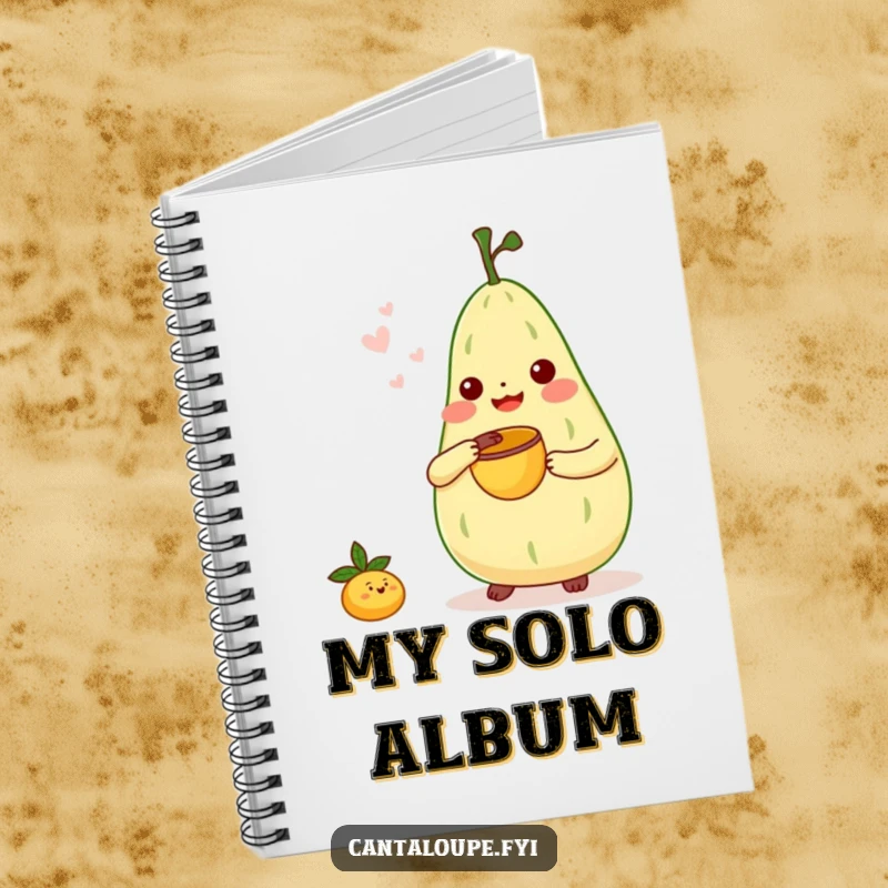Funny Notebook: Cantaloupe character playing a tiny bongo drum with a melon scoop, perfect for jotting down musical ideas.