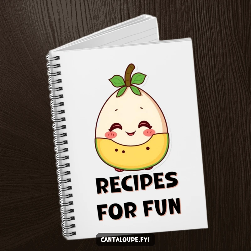 Funny cantaloupe character looking excited about being part of a fruit salad, a humorous notebook for creative ideas.