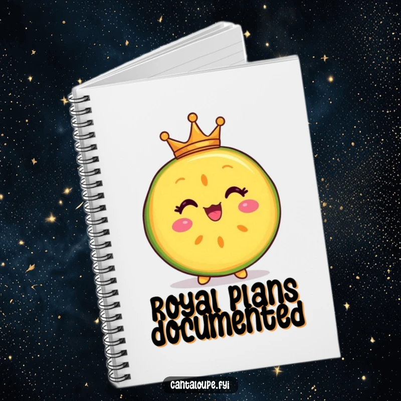 Funny notebook cover featuring a delighted cantaloupe slice character wearing a tiny crown, perfect for jotting down royal decrees or daily thoughts.
