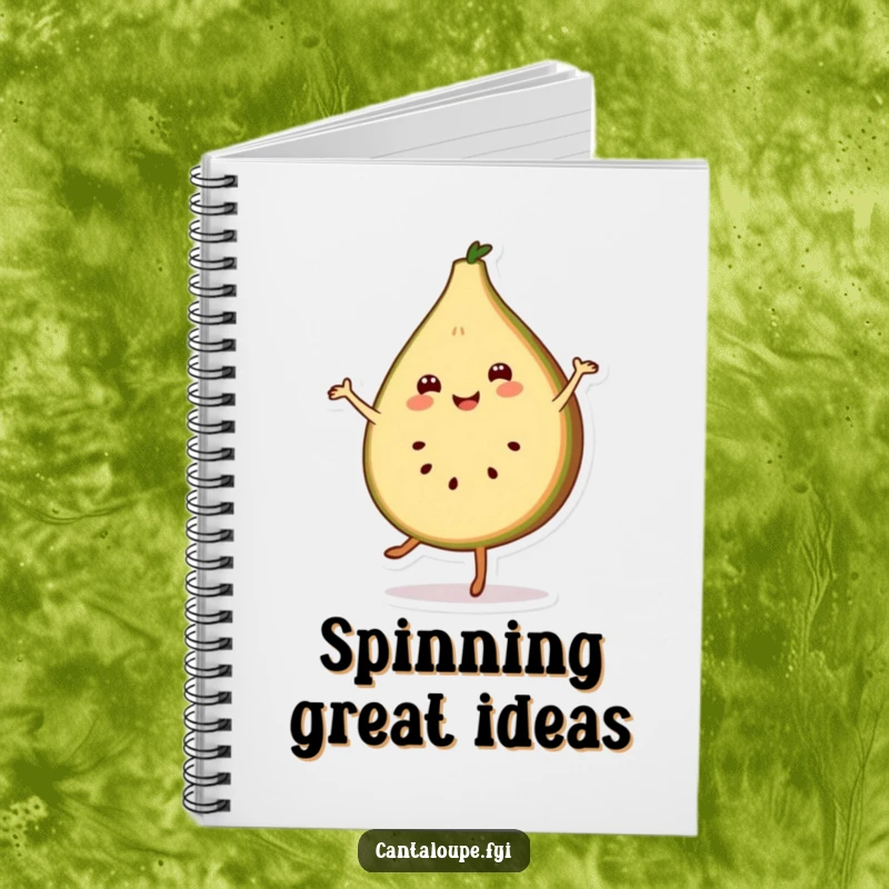 Funny notebook with a smiling cantaloupe slice character doing a cheerful pirouette, ideal for journaling dance steps.