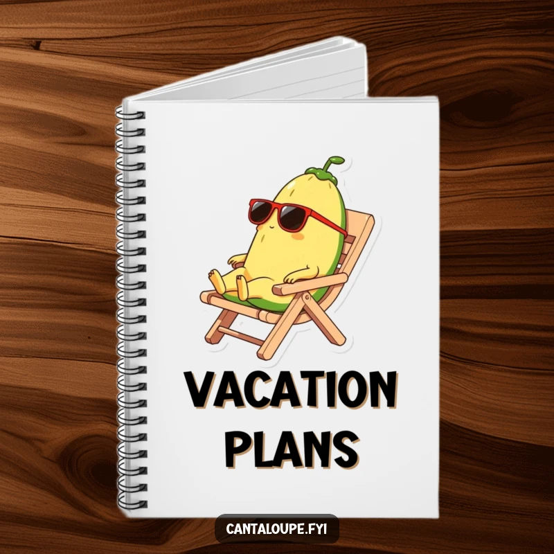 Funny notebook cover featuring a cantaloupe character wearing sunglasses and lounging on a rind beach chair, ready for your ideas.