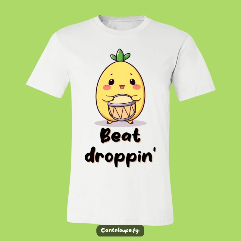 Funny Drumming Cantaloupe T-Shirt: Excited Melon Character, Music Tee, Gift