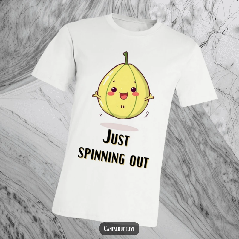 Funny Cantaloupe Slice T-Shirt: Anthropomorphic cantaloupe slice in a dynamic, cheerful spinning motion, appearing incredibly happy and energetic.