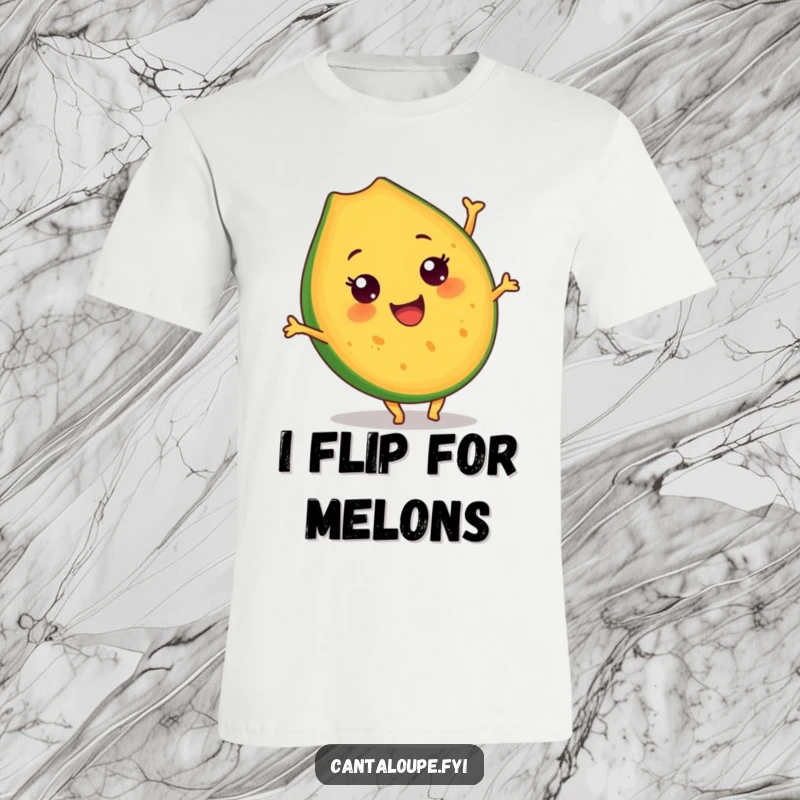 Funny Cantaloupe Slice T-Shirt: A joyful cantaloupe character hilariously executes a somersault, showcasing a spirit of playfulness and zest. Great funny tee.